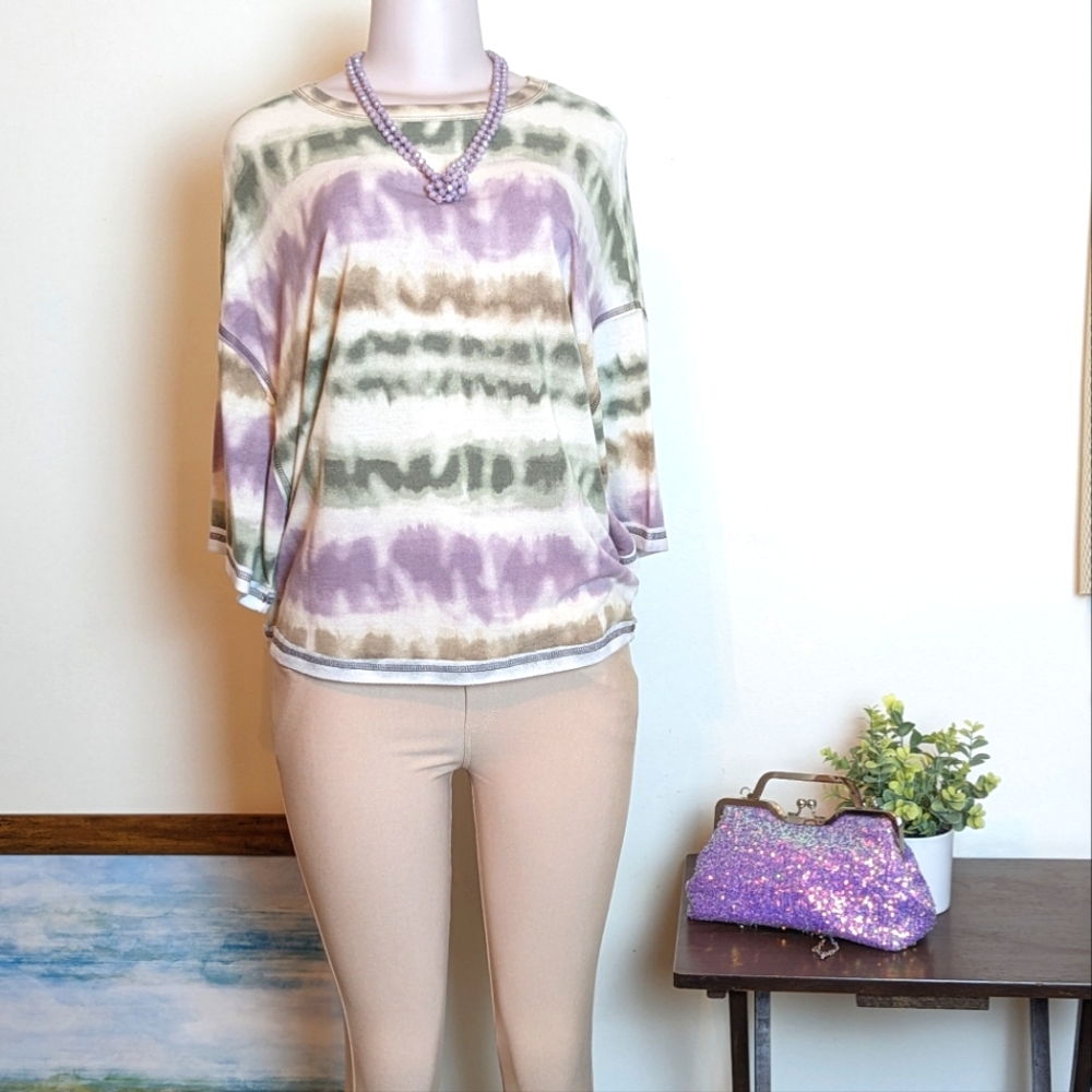 Cream Green and Purple‎ Tie Dye Top